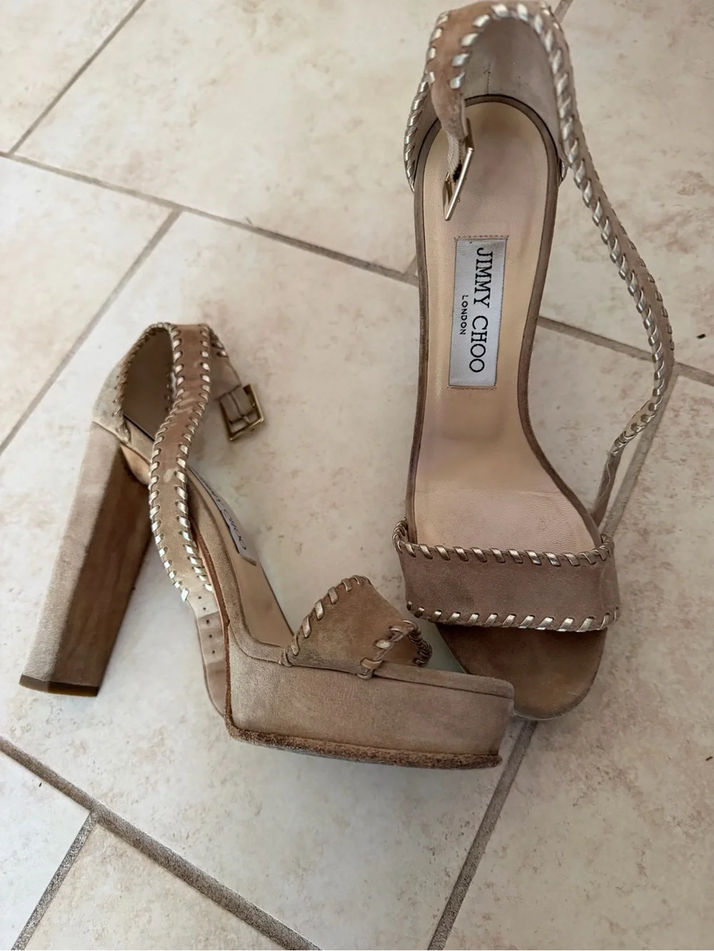 Women's Beige Suede Platform Sandals with Ankle Strap